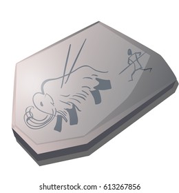 A fragment of a stone plate with ancient drawings of a hunter killing a mammoth isolated on white background. Vector cartoon close-up illustration.