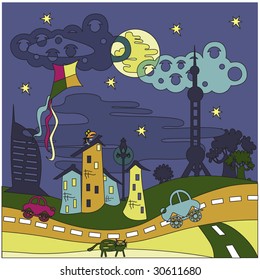 Fragment of the street from night cartoon city