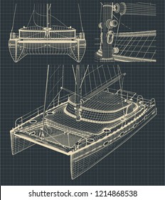 Fragment of stylized drawings of a modern catamaran with a sail in retro style