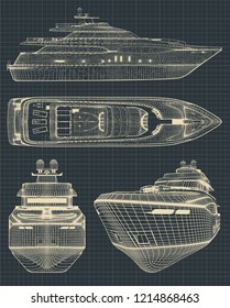 Fragment of stylized drawings of a modern yacht in retro style