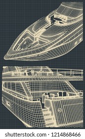 Fragment of stylized drawings of a modern yacht in retro style