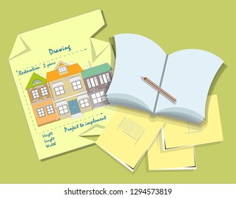 Fragment of the table of the architect. On the table is a drawing with the buildings to be restored and notebooks with work notes. Vector illustration