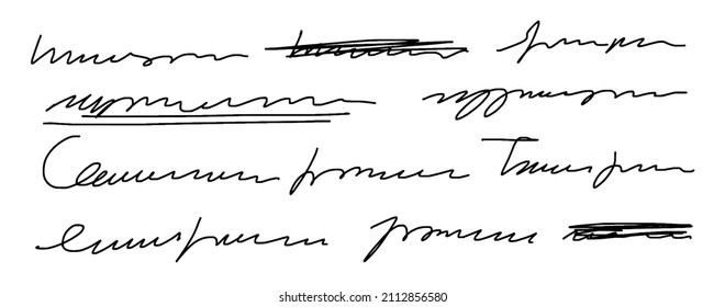 Fragment of unreadable text. Sweeping, unreadable handwriting. Scribble letter with crossed out and underlined words. Vector illustration of illegible font isolated on white background.