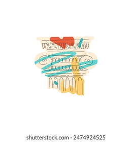 Fragment of the upper part of an ancient Greek column with simple ornamental elements. Broken stone pillar. Graffiti style. Trendy design with colorful lines. Hand drawn vector illustration. Isolated