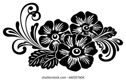 Fragment of a vector floral motif of a lace border. Black and white vector illustration