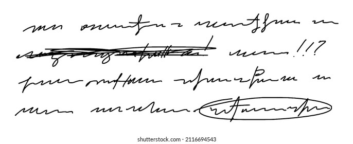 Fragment of vector unreadable handwriting, crossed out word. Exclamation points, circled important word. Doodle illustration of unreadable text on a white background.