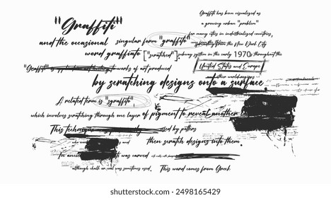 Fragment von Vektor unlesbare Handschrift, durchgestrichenes Wort. Ausrufezeichen, eingekreistes wichtiges Wort. Doodle-Illustration von unlesbarem Text auf weißem Hintergrund.