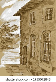 Fragment of the wall of an old stone mansion in perspective with windows and an entrance. Monochrome, grisaille, sepia, etude.