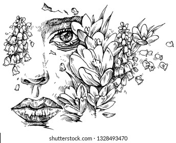 Fragment of a woman's face with flowers - vector illustration, isolated on white, stylized engraving