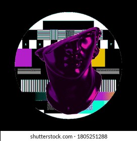 Fragmentary marble of plaster bust in bitmap pixel art style. Vaporwave and cyberpunk aesthetics from the 80s like in old video games.
