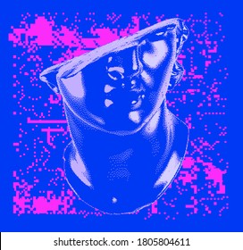 Fragmentary marble of plaster bust in bitmap pixel art style. Vaporwave and cyberpunk aesthetics from the 80s like in old video games.