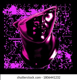 Fragmentary marble of plaster bust in bitmap pixel art style. Vaporwave and cyberpunk aesthetics from the 80s like in old video games.