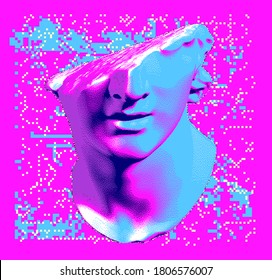 Fragmentary marble of plaster bust in bitmap pixel art style. Vaporwave and cyberpunk aesthetics from the 80s like in old video games.