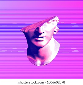 Fragmentary marble of plaster bust in bitmap pixel art style. Vaporwave and cyberpunk aesthetics from the 80s like in old video games.