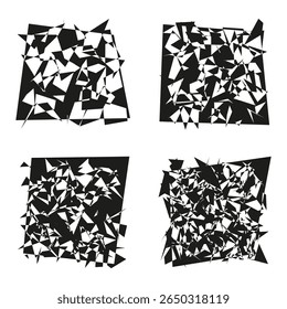 Formas abstratas fragmentadas. Formas geométricas quebradas. Caos branco preto. Textura grunge vetorial.