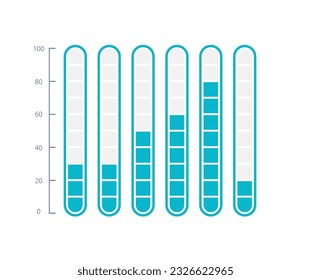 Fragmented capacity infographic chart design template. Progress level. Six indicators. Editable infochart with vertical bar graphs. Visual data presentation. Myriad Pro-Bold, Regular fonts used