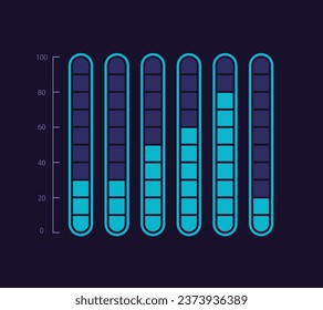 Plantilla de diseño de gráfico de infografía de capacidad fragmentada para tema oscuro. Seis indicadores. Infograma editable con gráficos de barras verticales. Presentación de datos visuales. Multitud de tipos de letra Pro-Bold, con uso regular