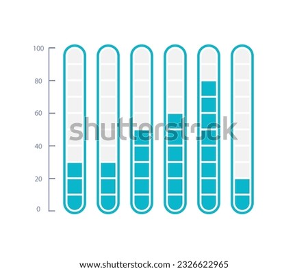 Fragmented capacity infographic chart design template. Progress level. Six indicators. Editable infochart with vertical bar graphs. Visual data presentation. Myriad Pro-Bold, Regular fonts used