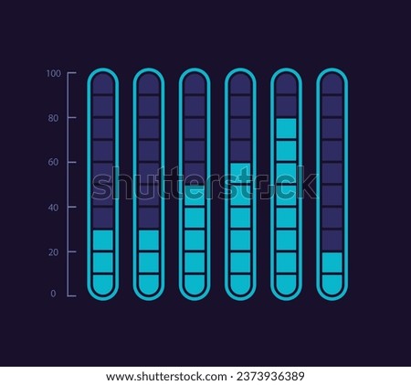 Fragmented capacity infographic chart design template for dark theme. Six indicators. Editable infochart with vertical bar graphs. Visual data presentation. Myriad Pro-Bold, Regular fonts used