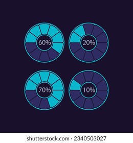 Fragmented circle percentage infographic chart design template set for dark theme. Loading level. Visual data presentation. Editable circular diagrams collection. Myriad Pro-Bold, Regular fonts used