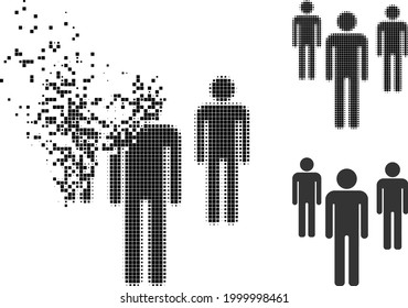 Fragmented dot men figures icon with halftone version. Vector destruction effect for men figures symbol. Pixel destruction effect for men figures shows movement of virtual world.