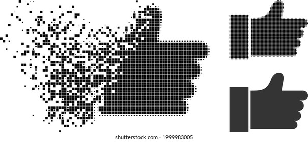 Fragmented dot thumb up pictogram with halftone version. Vector wind effect for thumb up pictogram. Pixel integration effect for thumb up shows speed of virtual objects.