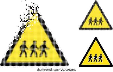 Fragmented dotted pedestrian men danger pictogram with halftone version. Vector destruction effect for pedestrian men danger pictogram.