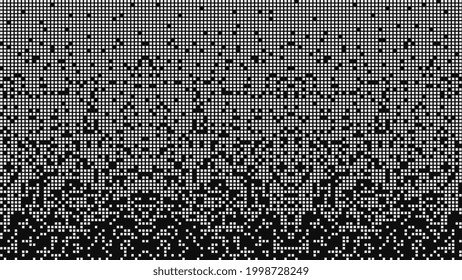 Fragmented Matrix White Blocks Falling Down On Black Background. It Looks Like A Disk Defragmenter Or A Tetris Game. Horizontal Vector Background.