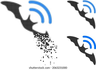 Fragmented pixelated bat ultrasound icon with halftone version. Vector wind effect for bat ultrasound icon. Pixelated integration effect for bat ultrasound shows speed of virtual objects.