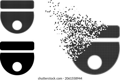 Fragmented pixelated CCTV camera pictogram with halftone version. Vector wind effect for CCTV camera pictogram. Pixelated integration effect for CCTV camera demonstrates speed of cyberspace objects.