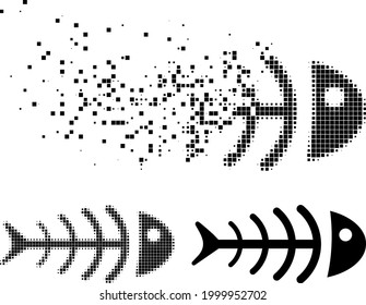 Fragmented pixelated dead fish pictogram with halftone version. Vector destruction effect for dead fish pictogram. Pixel disappearing effect for dead fish demonstrates motion of virtual matter.