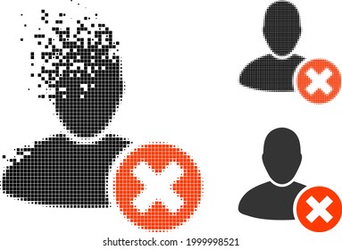 Fragmented pixelated delete user pictogram with halftone version. Vector wind effect for delete user pictogram.