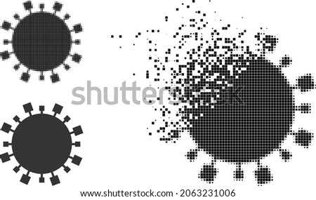 Fragmented pixelated digital virus icon with halftone version. Vector destruction effect for digital virus icon. Pixelated explosion process for digital virus gives motion of cyberspace concepts.