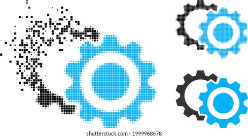 Fragmentierte pixelförmige Gänge Symbol mit halftonischer Version. Vektorzerstörungseffekt für Zahnpiktogramm. Pixelated Verschwinden Effekt für Zahnräder reproduziert Bewegung der virtuellen Materie.