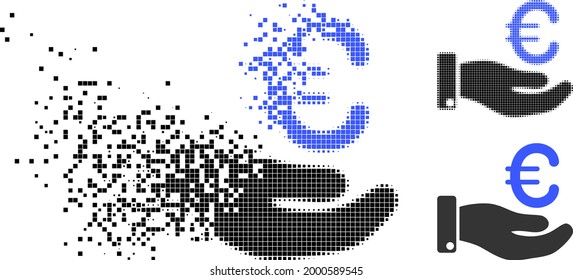 Mano pixelada fragmentada le da un pictograma en euros con una versión en semitono. Efecto de destrucción de vectores para la mano dar un pictograma de euro.