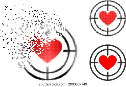 Fragmented pixelated love target icon with halftone version. Vector destruction effect for love target icon. Pixelated disintegration process for love target demonstrates movement of virtual matter.
