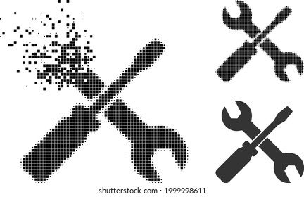 Fragmented pixelated screwdriver and wrench icon with halftone version. Vector wind effect for screwdriver and wrench icon.