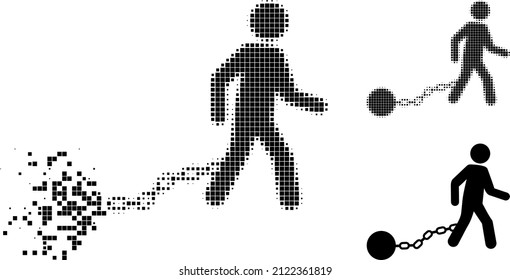 Fragmented pixelated slave iron icon with halftone version. Vector wind effect for slave iron pictogram. Pixelated creation effect for slave iron demonstrates speed of virtual objects.