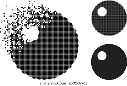 Icono de esfera pixelado fragmentado con versión de semitono. Efecto de viento vectorial para el icono de esfera. El proceso de polvo pixelado para la esfera da velocidad a la materia virtual.