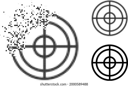Glifo objetivo fragmentado con versión de semitono. Efecto de destrucción de vectores para el icono de destino. El efecto de disipación pixelada para destino muestra el movimiento de materia virtual.