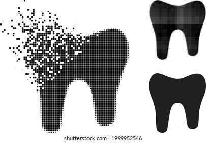 Fragmented pixelated tooth icon with halftone version. Vector wind effect for tooth icon. Pixelated mist effect for tooth shows movement of cyberspace abstractions.