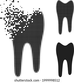 Fragmented pixelated tooth pictogram with halftone version. Vector destruction effect for tooth pictogram. Pixelated dissipation effect for tooth reproduces speed of cyberspace items.