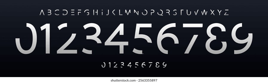 Fragmented typography, innovate futuristic numbers and letters, cropped creative font for extreme sports branding, jersey numbers, team merchandise. Vector typeset