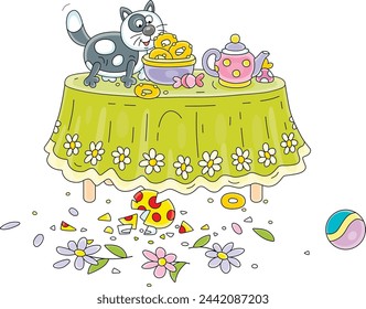 Fragments of a broken beautiful vase with flowers after a mischief of a sly gluttonous fat cat eating doughnut on a table with a tablecloth and camomiles in a kitchen, vector cartoon illustration