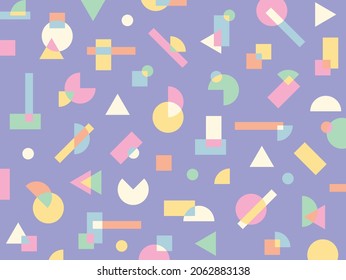 Fragments of shapes are scattered on a purple background. Simple pattern design template.