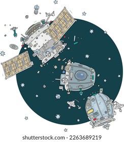 Fragmente eines Raumschiffs, das während der Umlaufbahn in die Atmosphäre der Erde zerstört wurde, Vektorgrafik