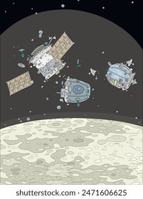 Fragments of a spaceship destroyed during deorbit and landing on the lunar surface, vector cartoon illustration