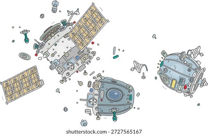 Fragments of a spaceship destroyed during deorbit, vector cartoon illustration on white