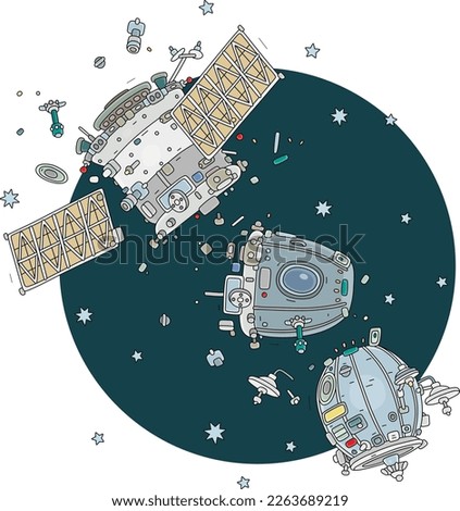 Fragments of a spaceship destroyed during deorbit into the atmosphere of Earth, vector cartoon illustration