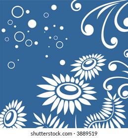 Fragments of the white stylized flowers on a dark blue background.
